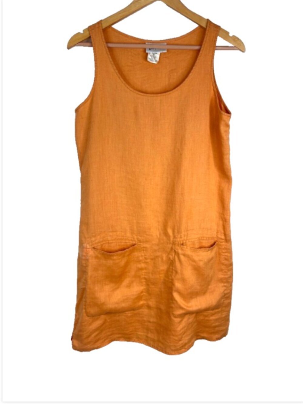 GO Linen 100% Linen Dress S Orange Pocket Sleeveless Jumper Lagenlook Beach READ